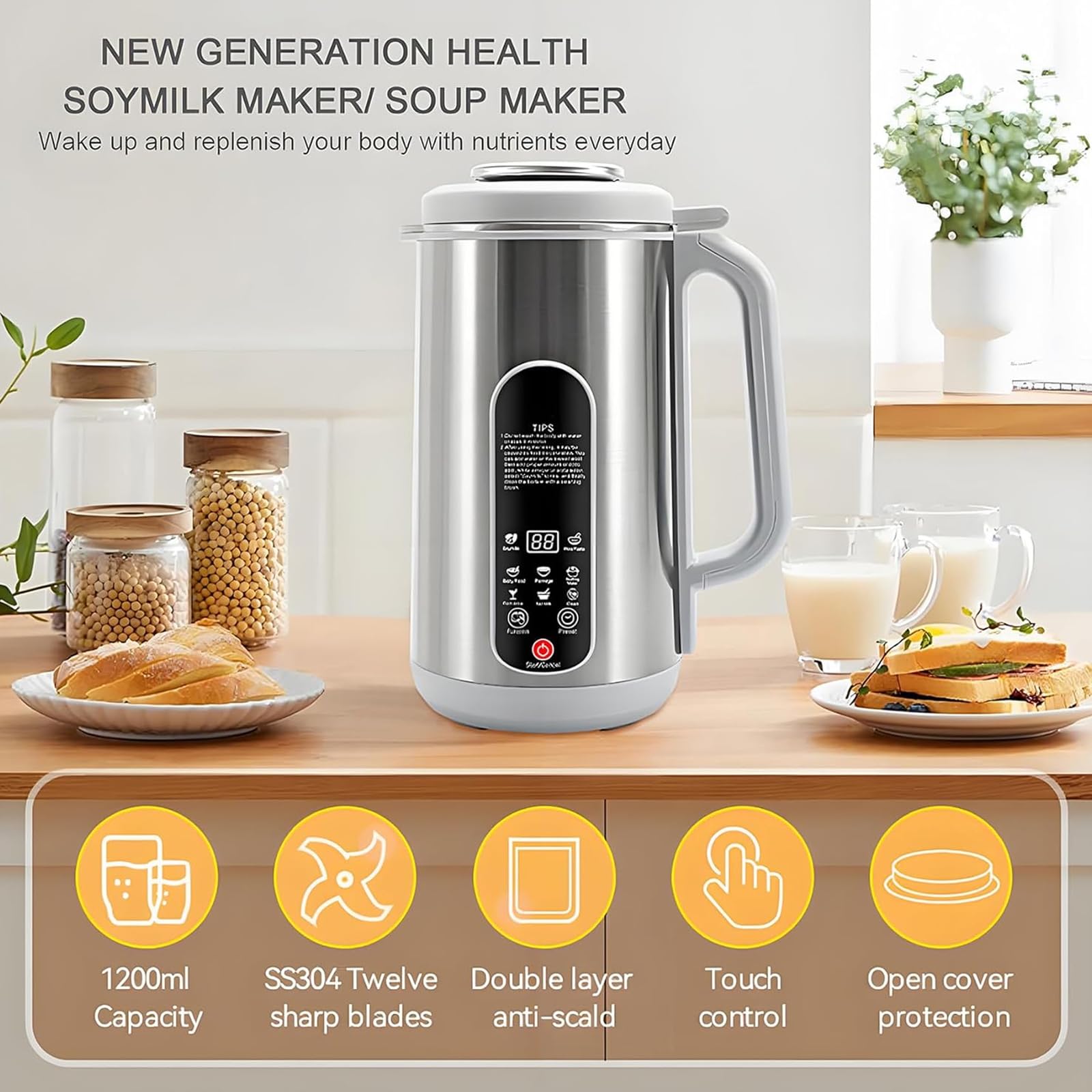 Macchina per Latte di Soia e Noci 1,2L, Latte di Mandorla e Avena con 12 Lame, Latte Vegetale Veloce in 5 Minuti, Autopulente, Timer 24h & Mantieni Caldo, Display LED, Uso Domestico e Familiare
