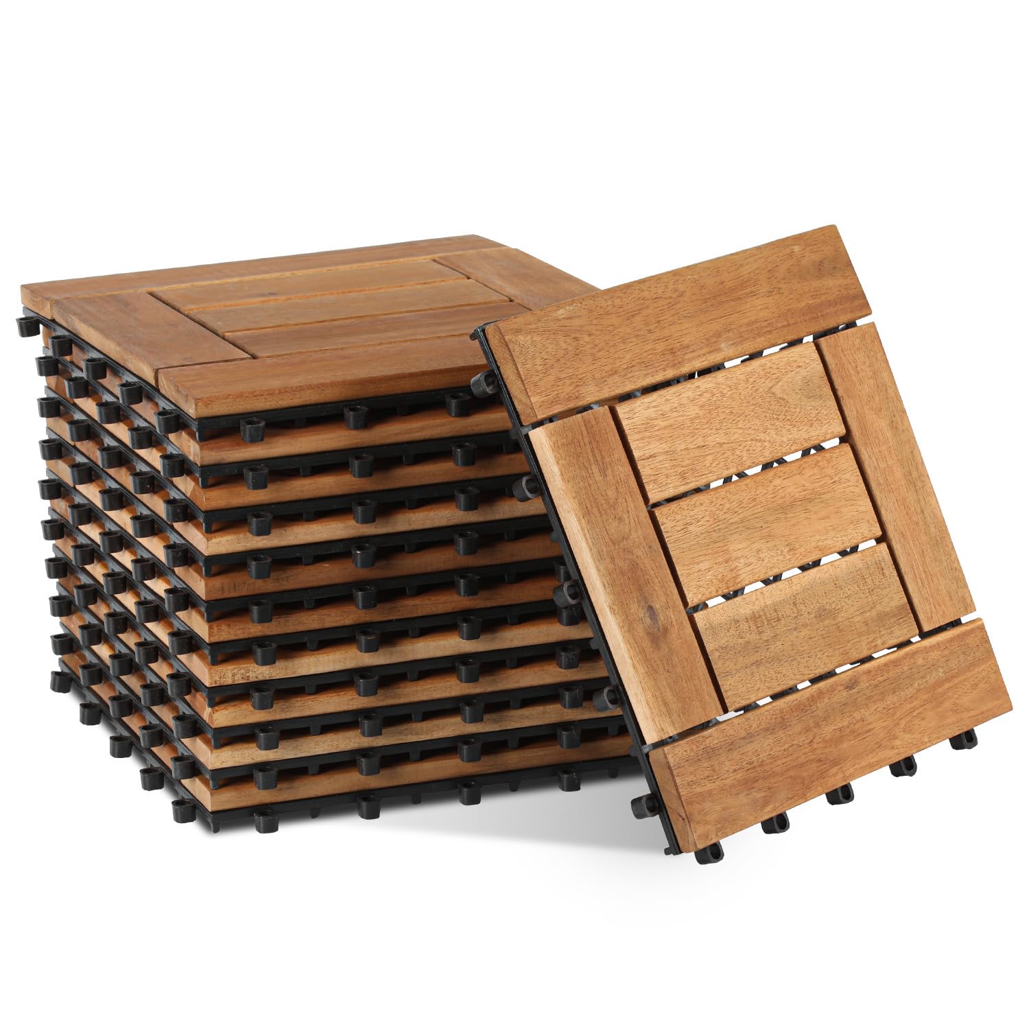 Piastrelle in legno per terrazze, piastrelle per balcone in legno di acacia 30x30 cm con sistema di clic, 7 doghe, 11 pezzi (1 m²), rivestimento per esterni resistente agli agenti atmosferici