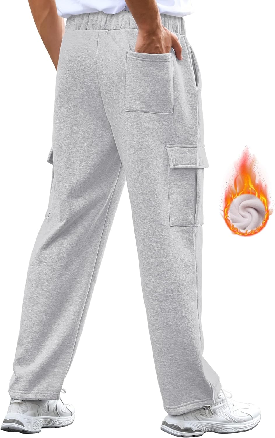 Men's Fleece Cargo Sweatpants Loose Fit Cotton Joggers with 5 Pockets Open Bottom for Gym Hiking Casual Wear - Image 2