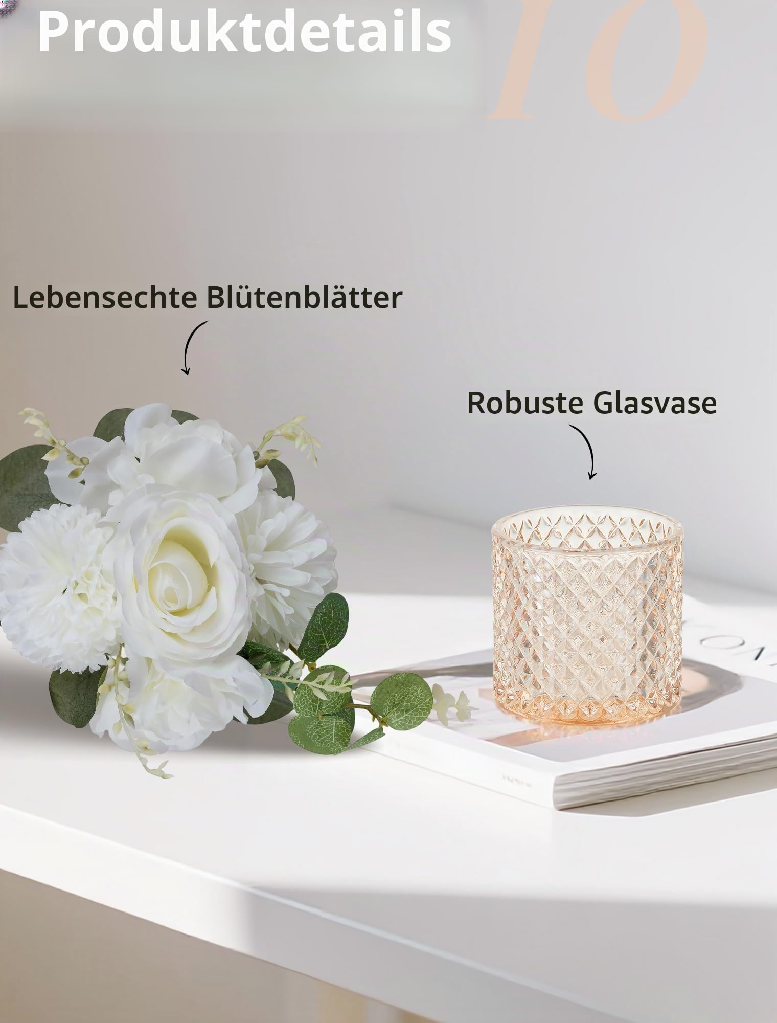 NUPTIO Kleine Künstliche Blumen in Vase: 6 Stück Weiß Fake Seidenblumen mit Glas Vasen für Wohnzimmer Tischdeko - Dekoblumen Kunstblumen Rosen Mittelstück für Hochzeitsdeko | Künstliche Rosenarrangements aus Seide, für Wohnzimmer, Badezimmer, Büro, Heimde