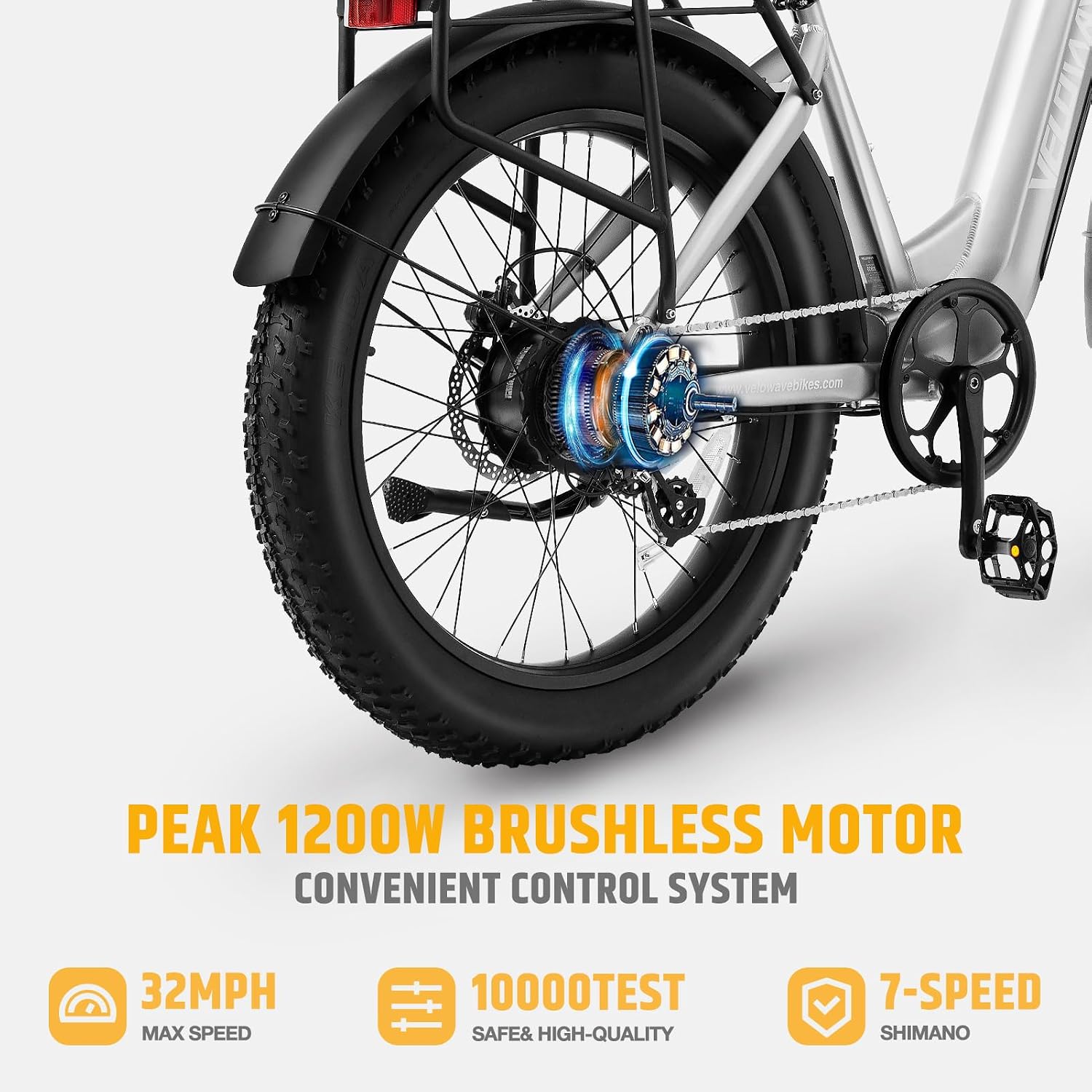 VELOWAVE Electric Bike 26" Fat Tire Ebike Peak 1200W Motor Electric Bike for Adults with 47.97V 14.4AH Removable LG Cell Battery Step-Thru E Bike up to 32MPH UL 2849 Certified with Lock& Bell