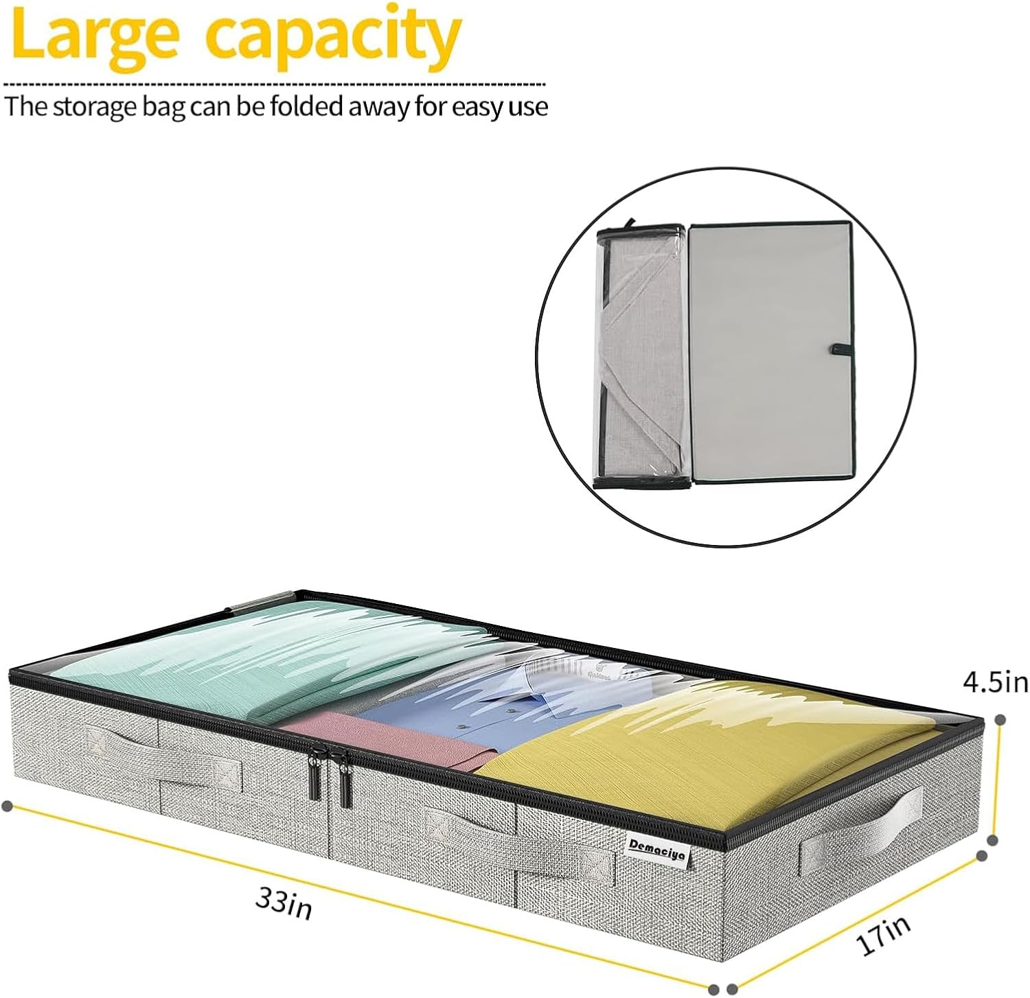 Under Bed Storage Container Set, 2 Pack Large Capacity Organizers with Clear Window, Gray Linen Fabric