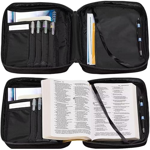 Miniatura 7 de Funda de Biblia de tamaño grande para mujeres y niñas, bolsas de Biblia negras con flores y hojas, estuche de Biblia con asa portátil, bolsillo con