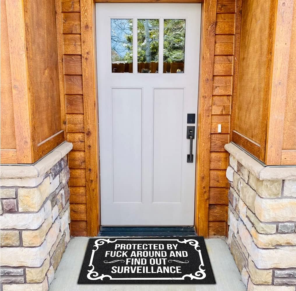 Front Door Mat Indoor Entrance, Protected by Fuck Around and Find Out Surveillance Entrance Mat Indoor Outdoor Mat Funny Door Mats Outdoor 30x18 Inch