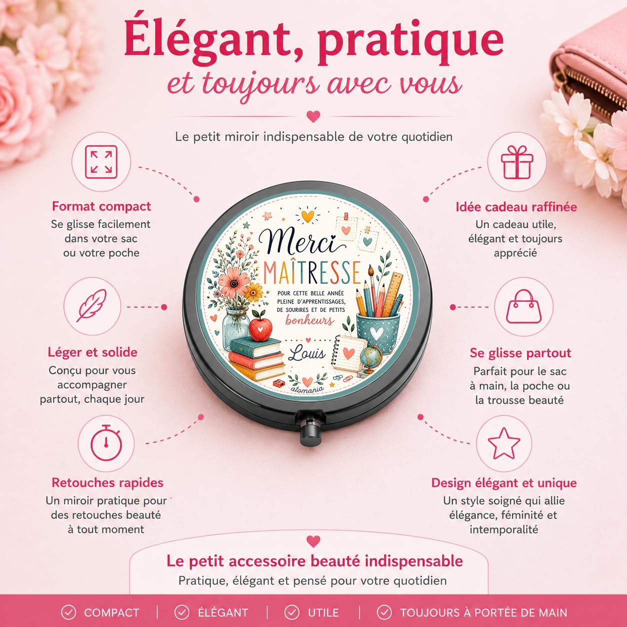 Miroir de Poche Merci Maîtresse Personnalisé – Cadeau Maîtresse Fin d'Année Scolaire avec Prénom – Cadeau Institutrice Original et Utile – Miroir Compact Femme