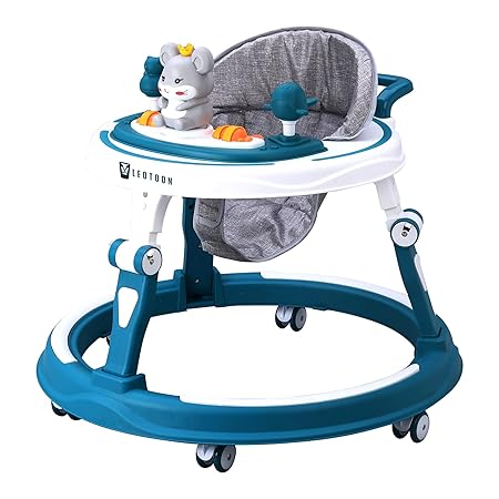 Leotoon Cordella Baby Walker | 4 Level Adjustable Height | 4 Level Adjustable Seat | Musical Tray | Unisex | LED Decorated | Foldable Design | 6 Mute Wheels | Switchable Food & Musical Tray | Cute Rabbit | Safe | BIS Certified | (Blue) (6-24 Months)
