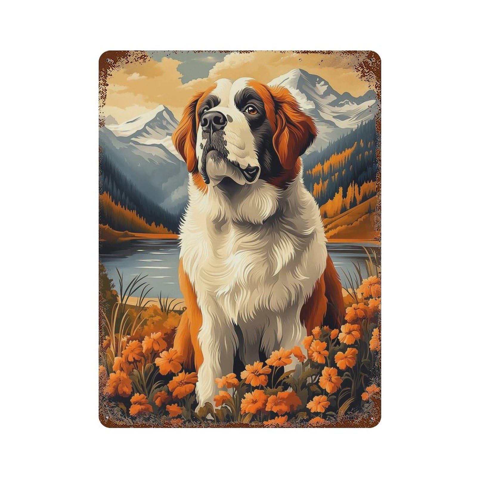 Garage Style St. Bernard Dog in Mountain Landscape Distressed Metal Wall Sign 15.7"x11.8", Decorative Metal Wall Art for Bar And Workshop