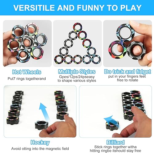 Miniatura 7 de Paquete de 12 anillos magnéticos para ansiedad, con imanes para aliviar el estrés, estilo neumático, anillos mágicos para entrenamiento, alivia la