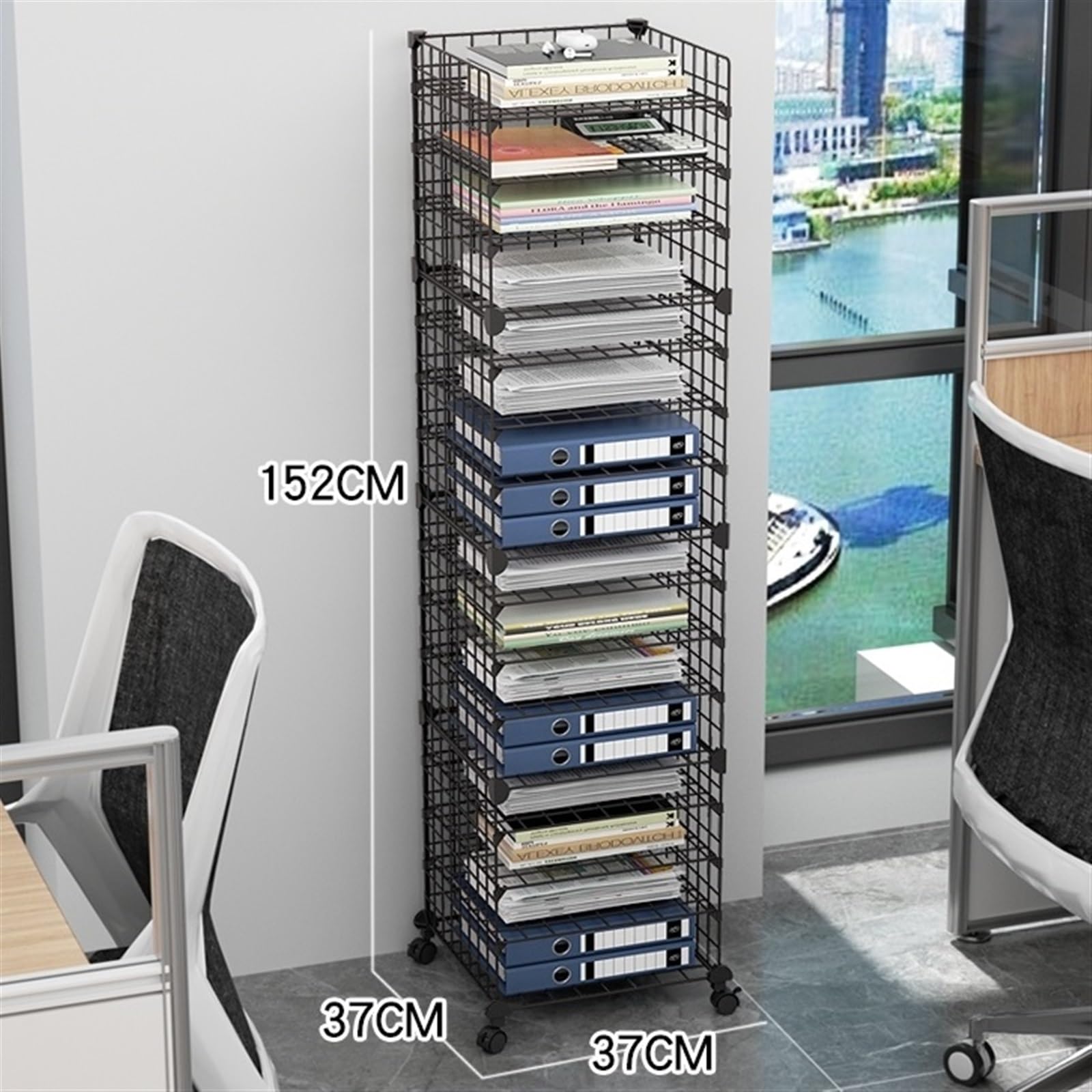 Archivador de oficina Estante for archivos de oficina, carrito de estantería de piso multicapa, estante de almacenamiento jerárquico de disposición de datos Organizador de archivos(Negro,152cm)