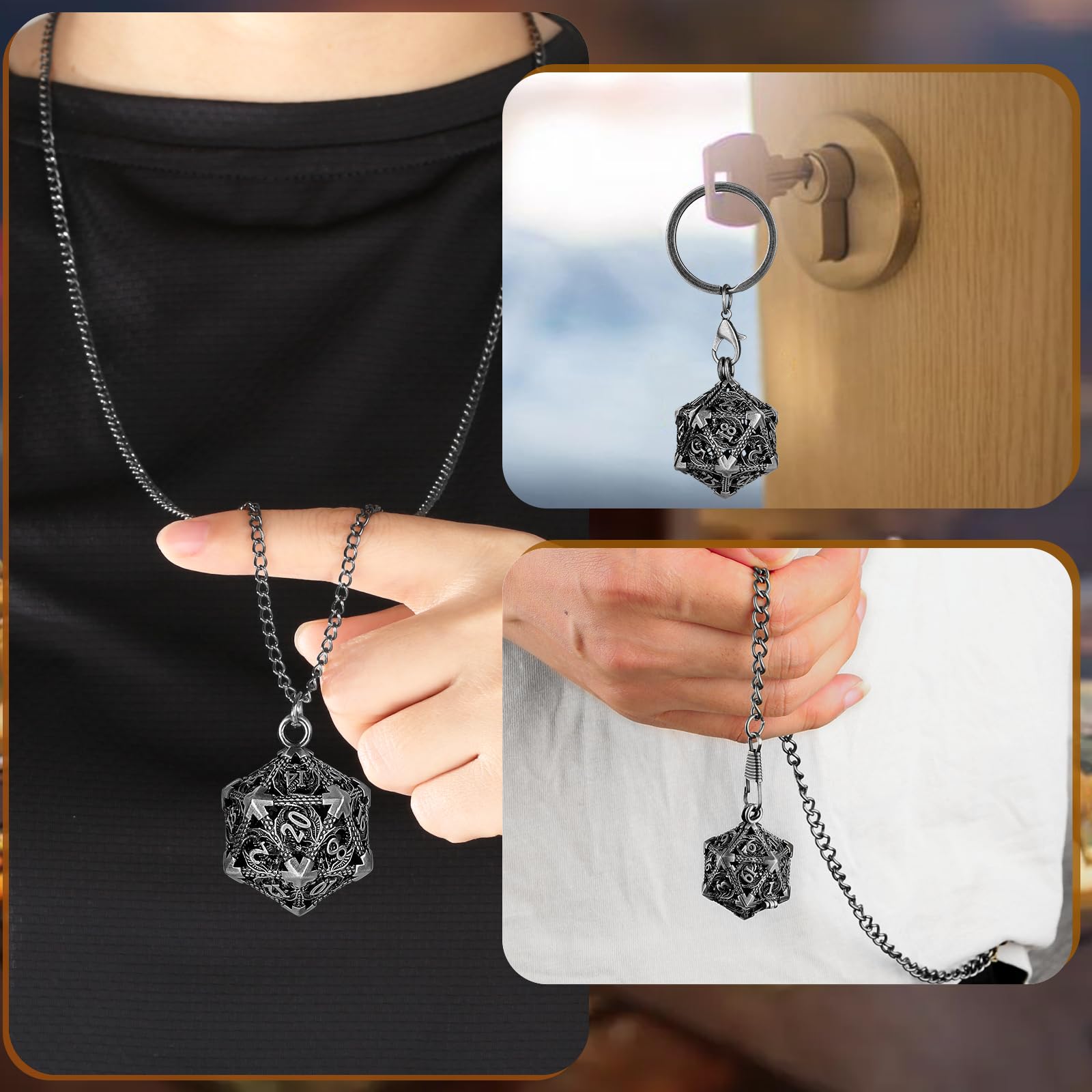 Mini Set di Dadi DND con Portachiavi Portatile, Collana, Catena da Tasca, Gabbia Metallica Vuota D20 Drago, Mini Set Poliédrici in Metallo da 7 Pezzi, Regali D&D con Scatola Regalo, Argento Scuro