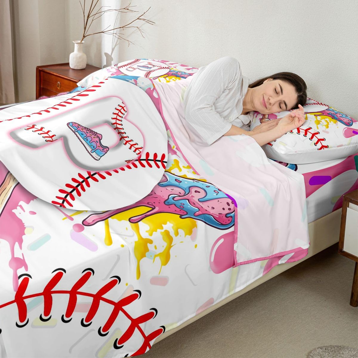 Homewish Zestaw prześcieradeł baseballowych podwójne urocze estetyczne lody kapanie prześcieradła pastelowe różowe graffiti sport kij baseballowy pościel - Gelato chłopiec litera P inicjał monogram