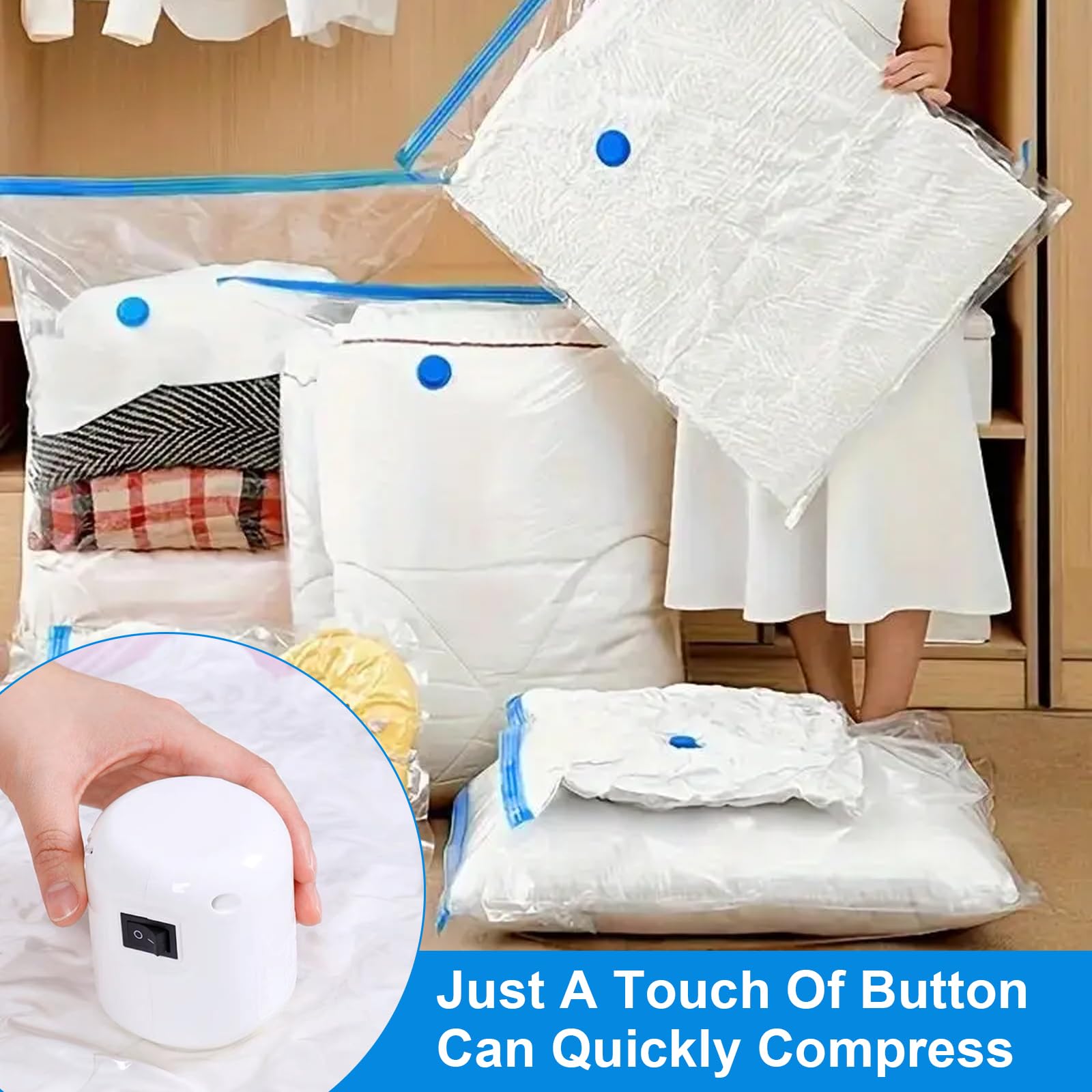 Lot de 13 sacs de rangement sous vide pour vêtements avec pompe électrique (3 grands/5 grands/5 petits) - Sacs de rangement pour couettes, couvertures, oreillers, linge de lit - Réutilisables - Pour