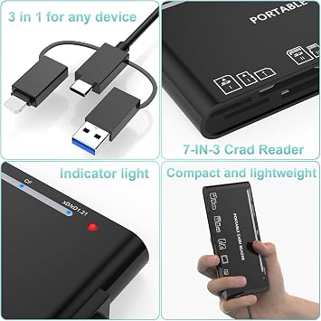 USB 3.0 Multi Card Reader for SD/Micro SD/TF/XD/CF/MS - 7-in-1 Memory Card Reader/Adapter for Windows, Mac, Linux (USB-A + USB-C + IP)
