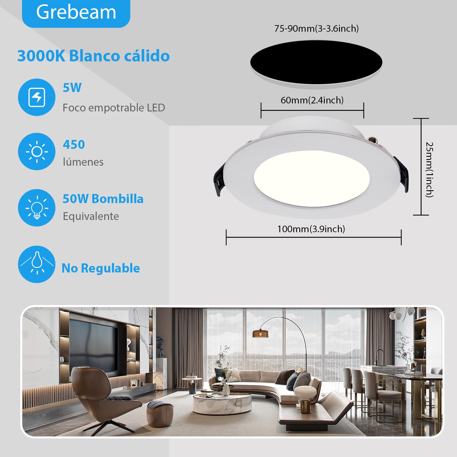 6 * 5W LED Techo Empotrable 220V Plano, Ojos de Buey LED para Techo 450LM, Blanco Cálido 3000K, Diámetro Agujeros ø75-90mm, Downlight para Baño Cocina, Salón