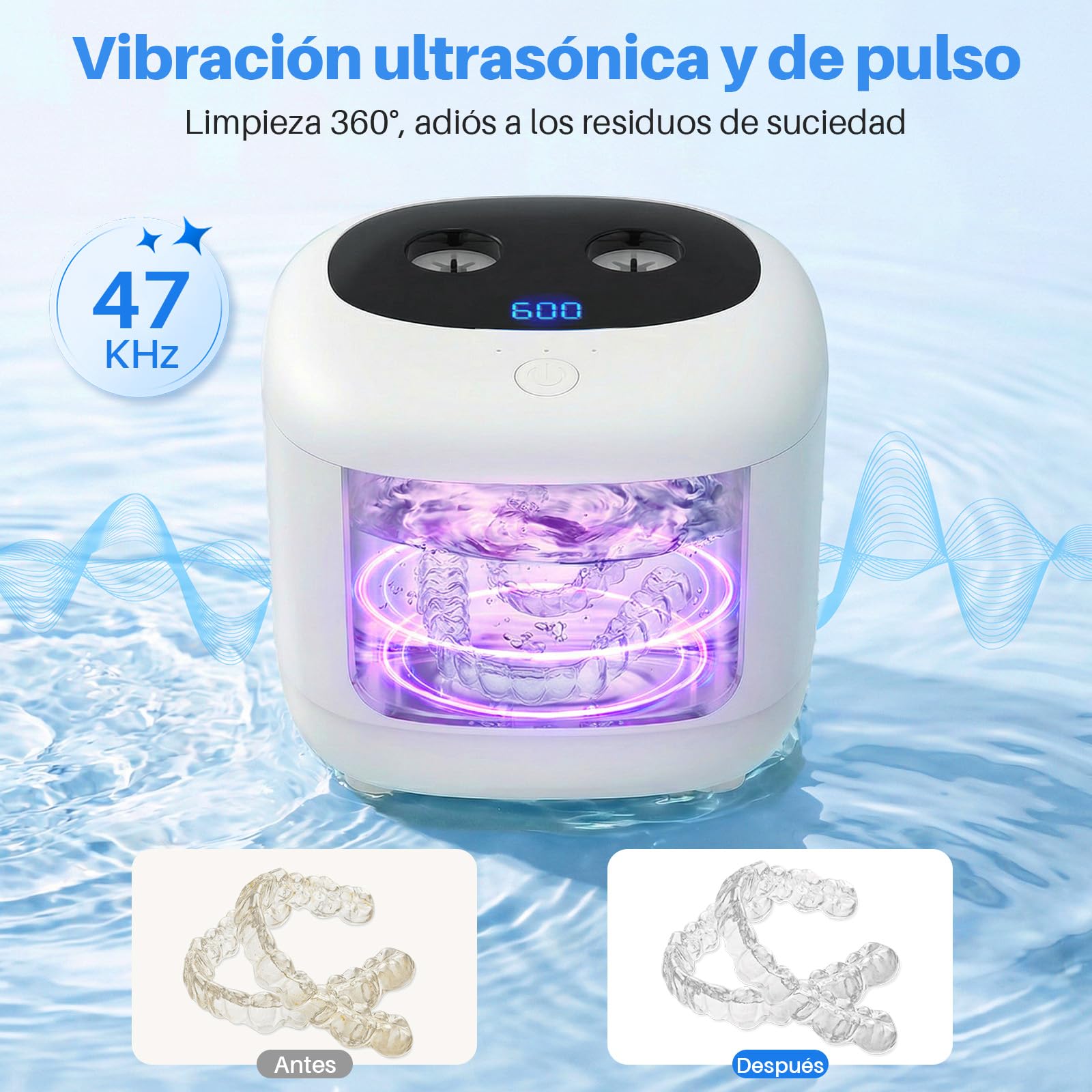 Limpiador Ultrasonidos Dental, 47KHz Limpiador Ferula Dental, 200ml Limpiador Retenedor Dental, Dental Pod Cleaner para dentaduras postizas, alineadores, aparatos ortopédicos, joyas