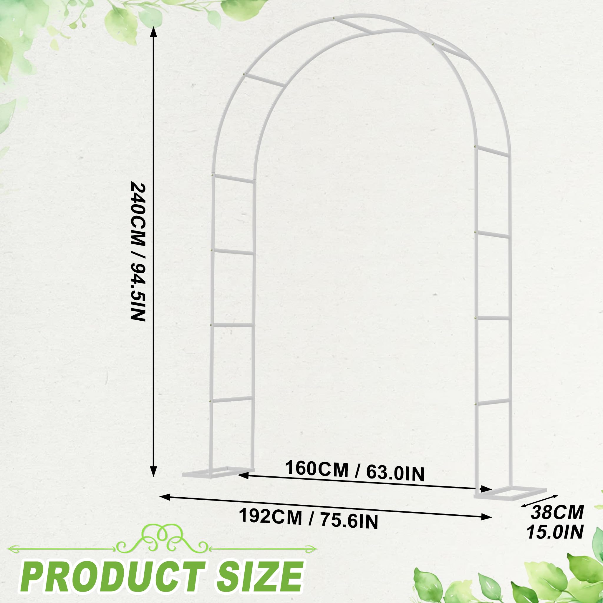 XMTECH Arche de jardin en métal - 192 x 38 x 240 cm - Arche stable avec plaques de sol - Tuteur pour plantes grimpantes - Pour jardin, mariage et célébrations - Résistant aux intempéries - Blanc