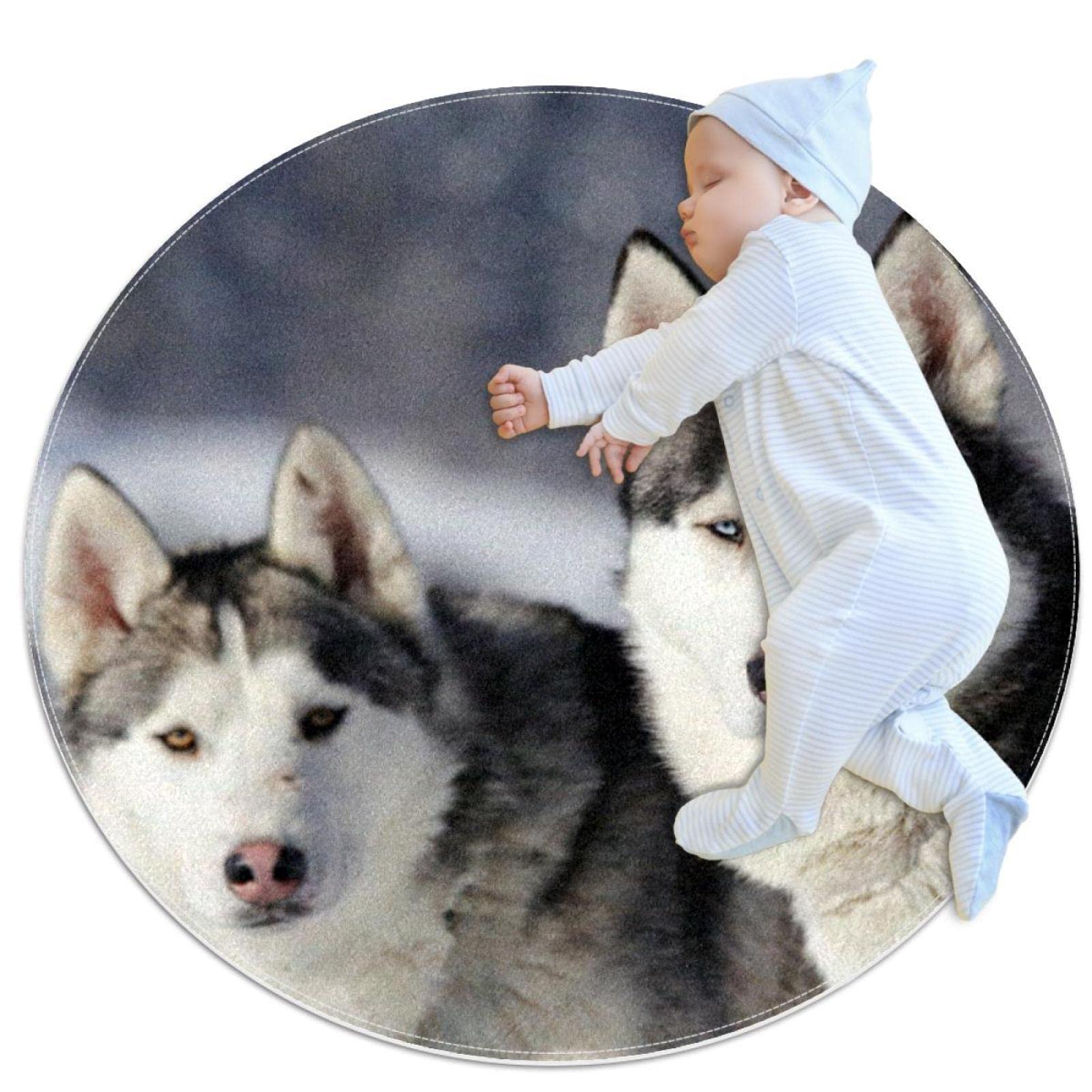 Tapis Huskies en Hiver rond JDEZ pour sol froid de chambre et salon