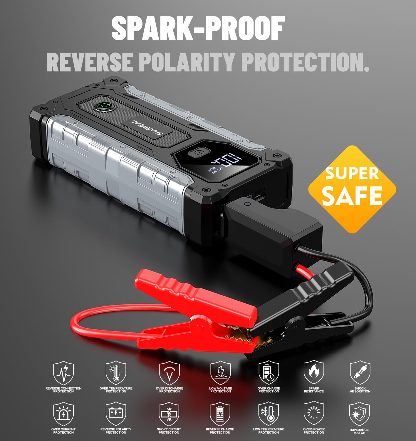 Arrancador de Coche, 10000A Arrancador de Baterías de Coche, 12V Arrancador de Portátil con para All Gasolina o 10L Diesel, Clips de Seguridad Inteligentes, Portable Jump Starter con Linterna LED