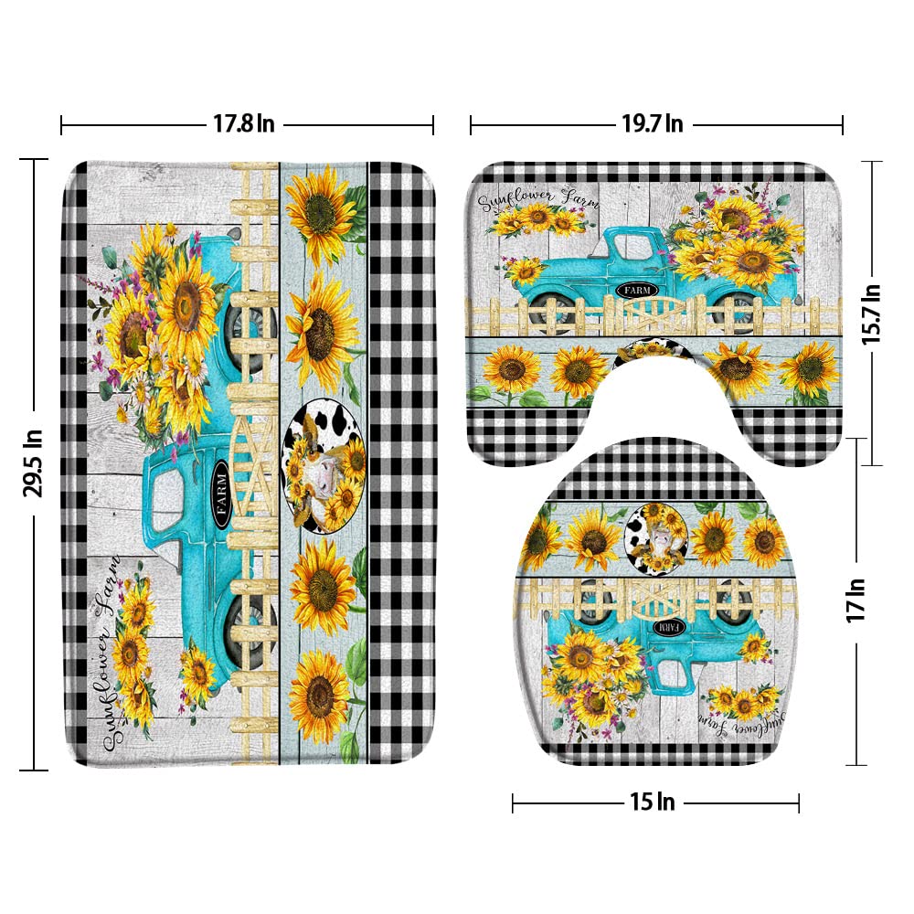 3 Pieces Set Truck Sunflower Bathroom Rugs Farmhouse Rustic Flower Cow Vintage Wooden Board Black White Buffalo Check Plaid Toilet Lid Cover Pedestal Rug U-Shaped Non-Slip Carpet