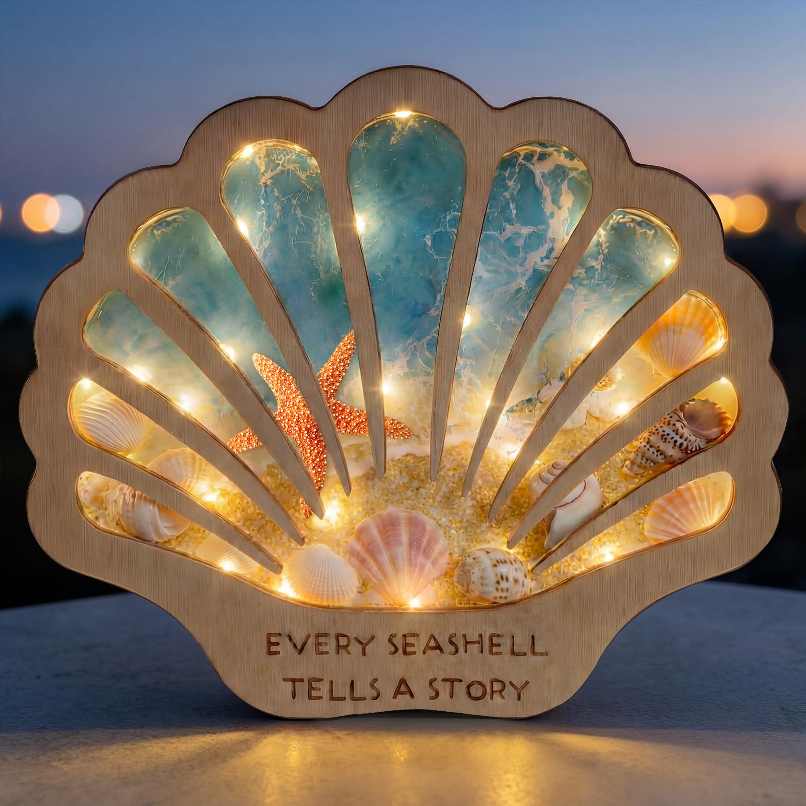 FoldTier Seashell Display Case with Lights Wooden Seashell Holder