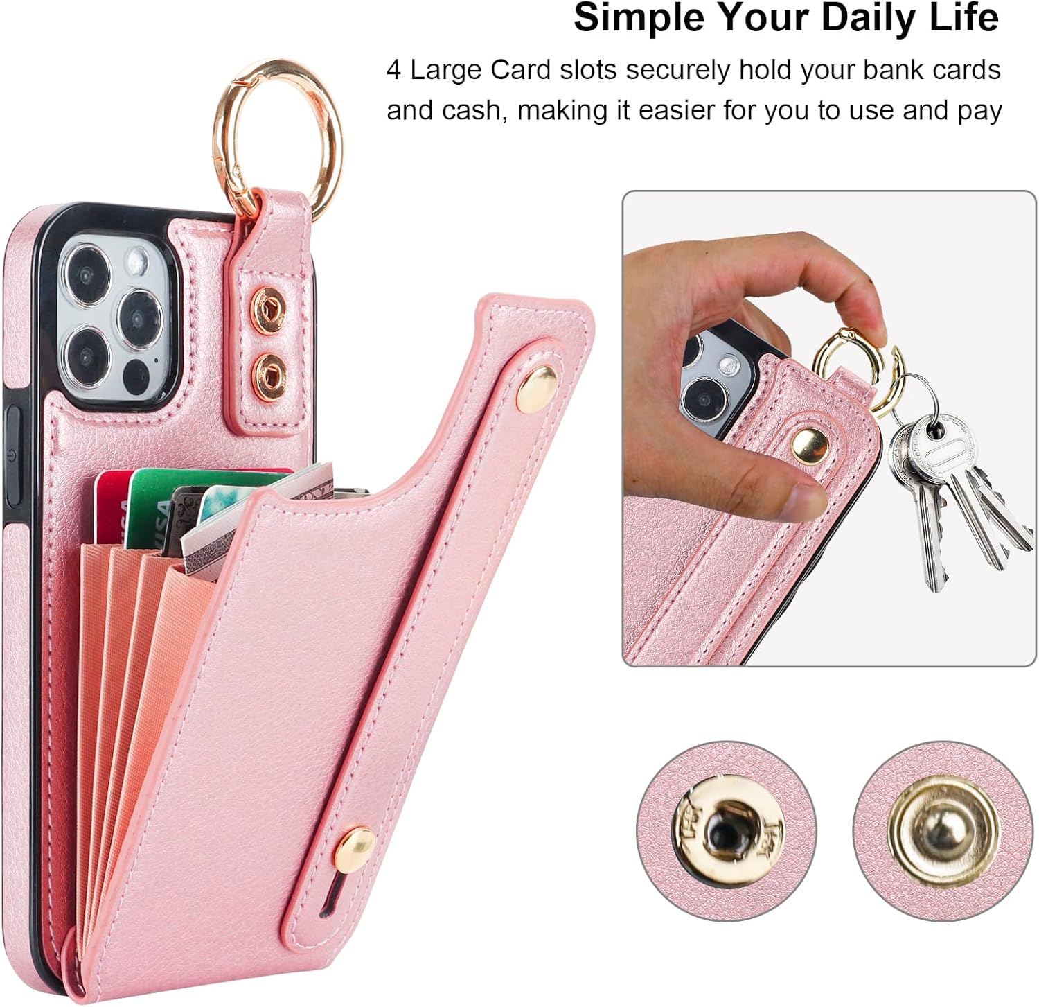 Folosu for iPhone 12/12 Pro Wallet Case with Card Holder, Hand Wrist Strap Loop Holder Kickstand, RFID Blocking Finger Grip Ring PU Leather Double Buttons Shockproof Cover 6.1" Rosegold - Image 4
