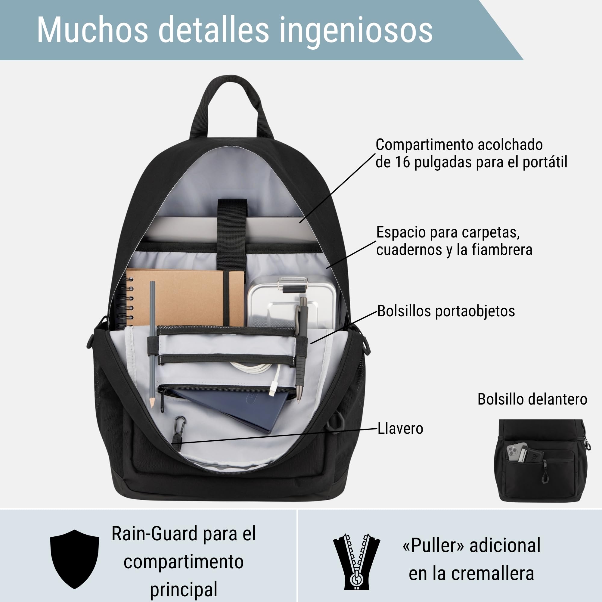 AUDETIC Mochila Mujer, Hombre y Niña Negro - Flex - Mochila Escolar Aesthetic para Portátil - Grande Bolso para Colegio y Viaje Adolescentes - Impermeable