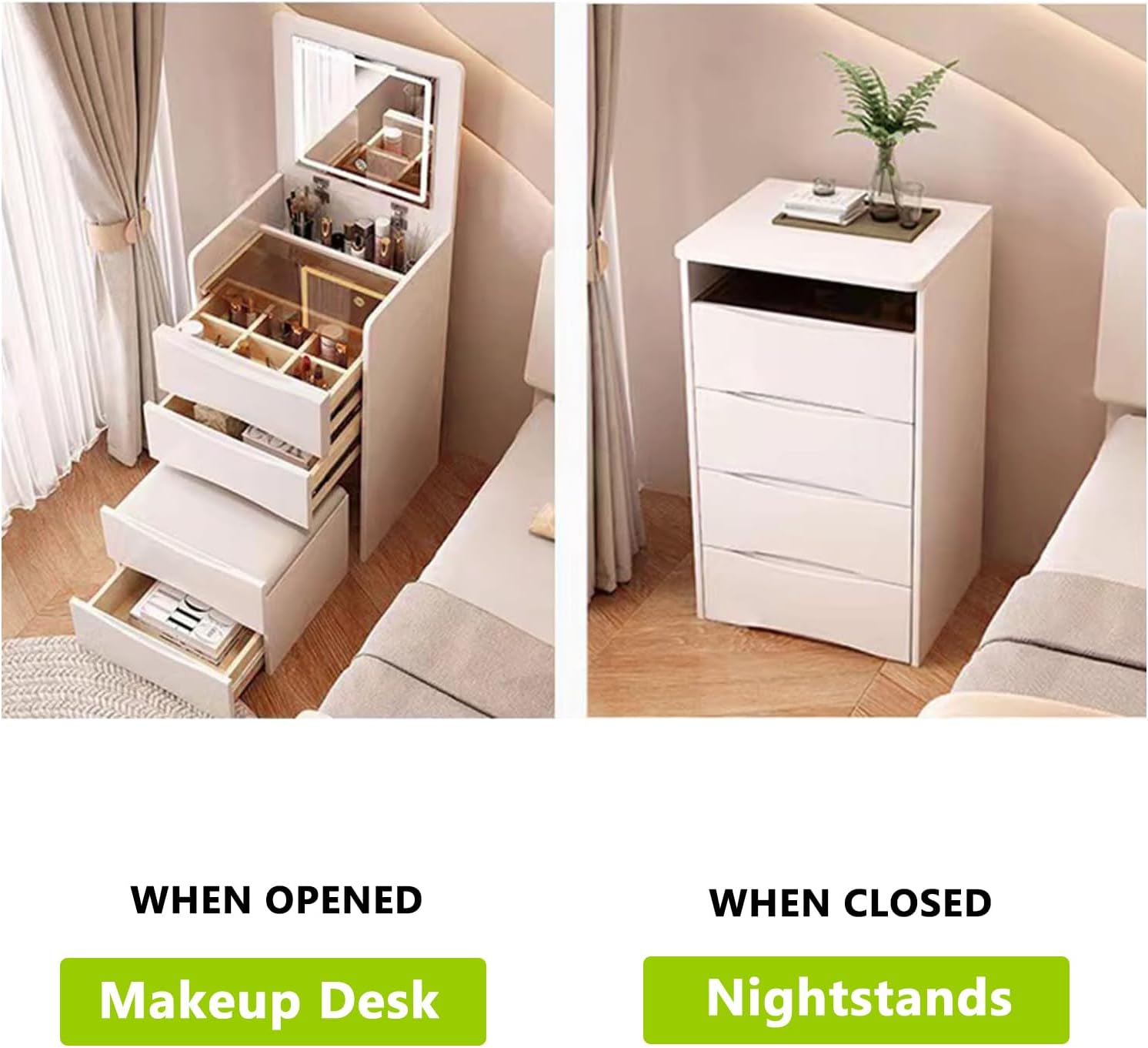 3 in 1 Vanity Desk, Compact Vanity Mirror with Lights Desk and Chair, Small Makeup Vanity Table, Three Color Adjustable Flip Mirror Light, Hidden Makeup Stool (White, 18.9in), YTSSZT01
