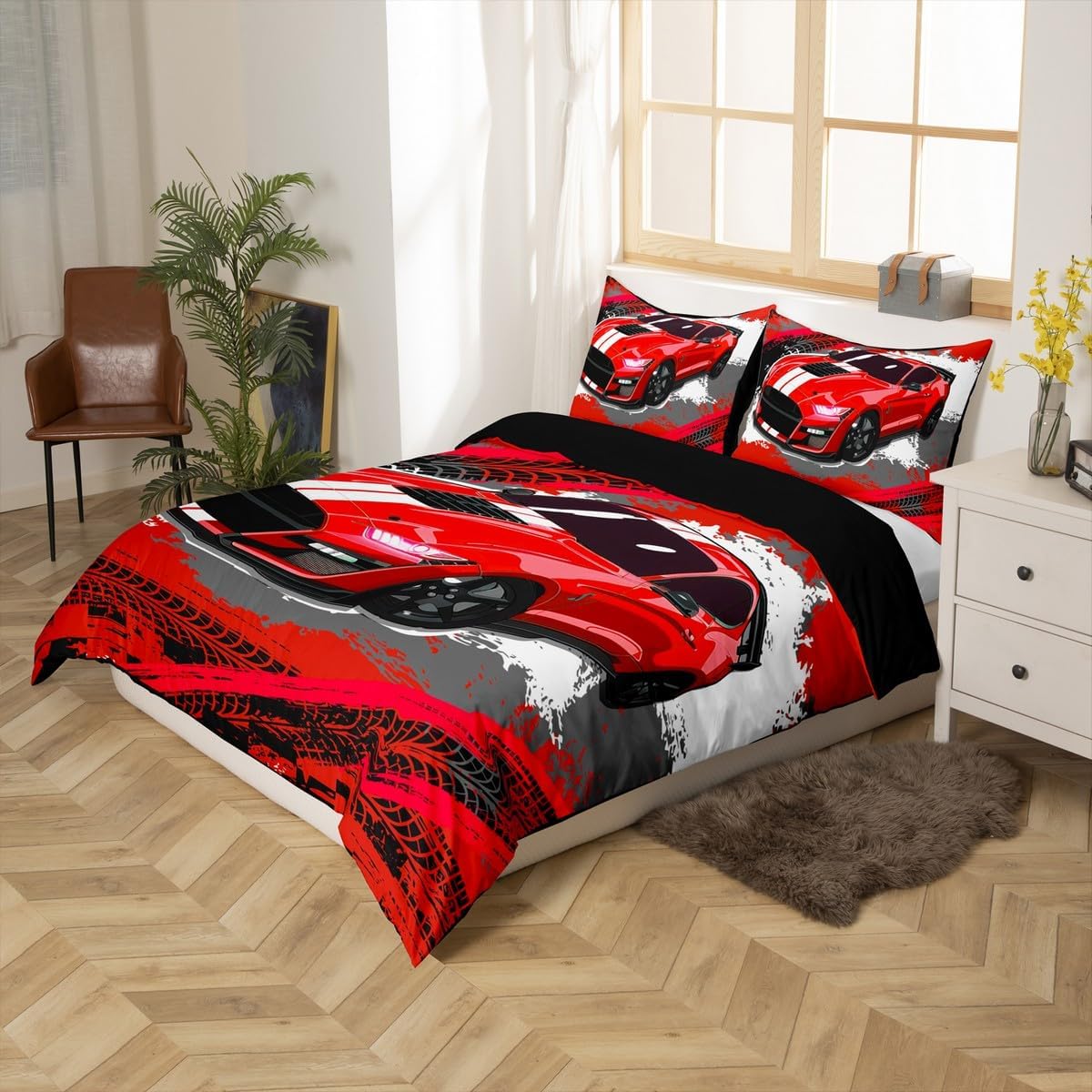 Erosebridal Race Car Duvet Cover Twin Size Red Racing Bedding Set for Kids Boys Youth, Hippie Sports Comforter Cover All Season Cozy Dirt Track Bed Sets With 1 Pillow Sham Bedroom Decor