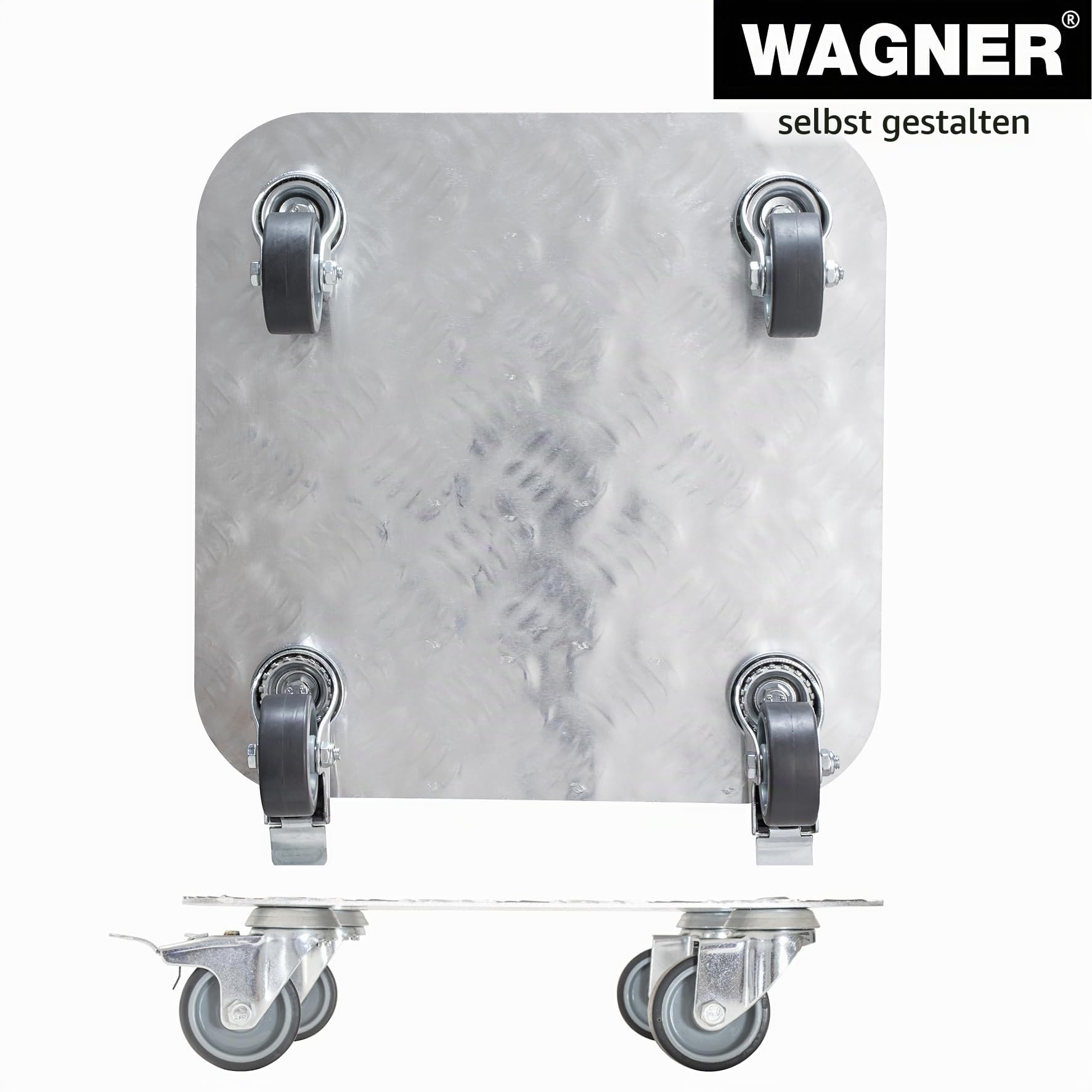 WAGNER Pflanzenroller Alaska 29 x 29 x 7,5 cm I Blumenroller für Außenbereich + Innenbereich I Kübelroller aus Aluminium Riffelblech I 2 Total-Feststeller I Tragkraft 100 kg I Made in DE- 20700301