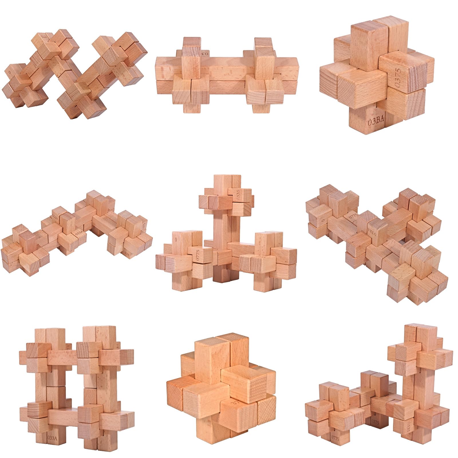 Difficult 20pcs DIY Wooden Brain Teaser Puzzle Toy 9 Types Assembly Building Blcok Games 94 Methods Challenge IQ Lock Toys 3D Brainteaser Educational Puzzles Unique Gift for Kids and Adults