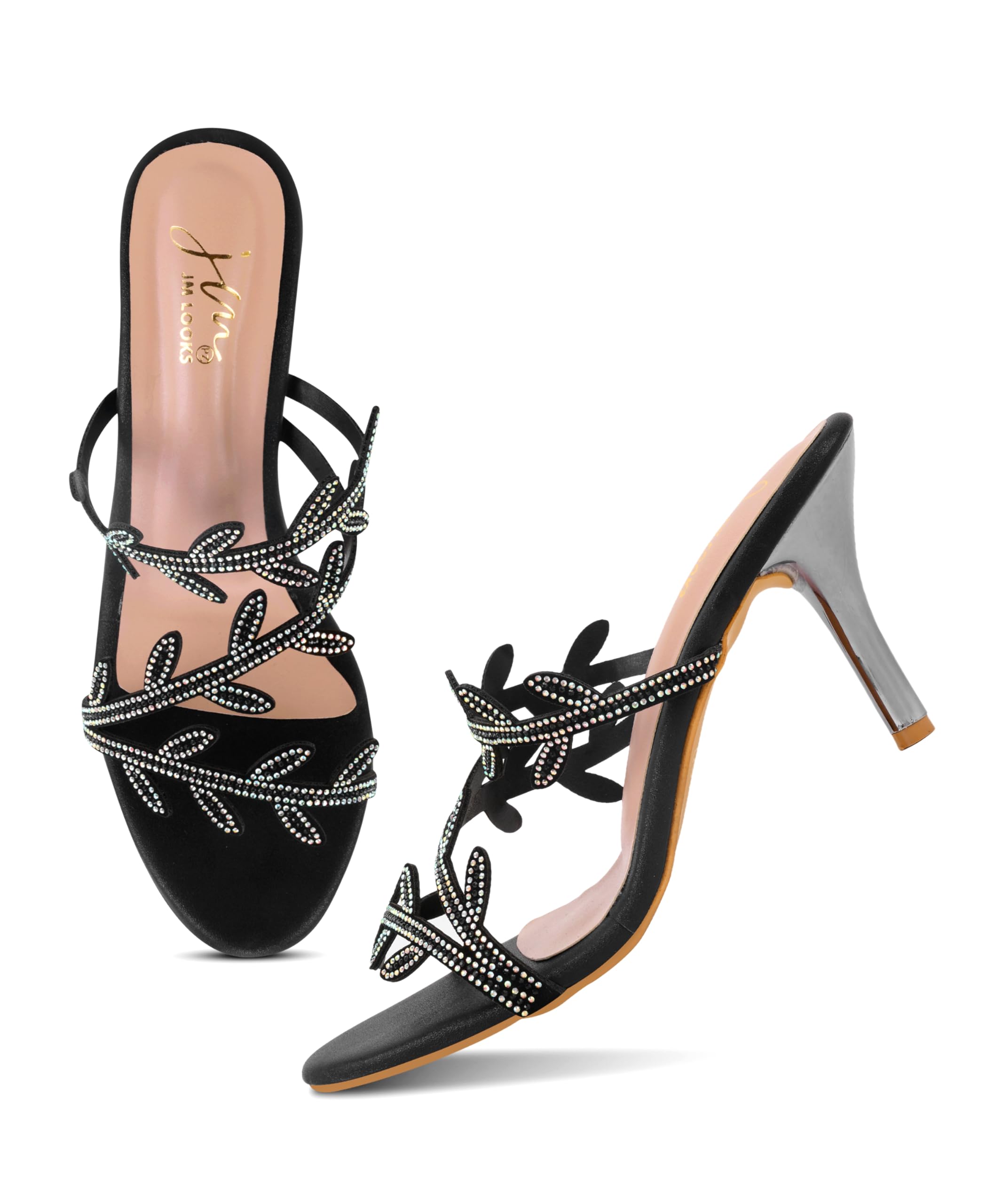 jm looks Luxurious Leaf Pattern Embellished Stiletto Heels Elegant Slip On Open Toe Party Sandals For Women-picture-39