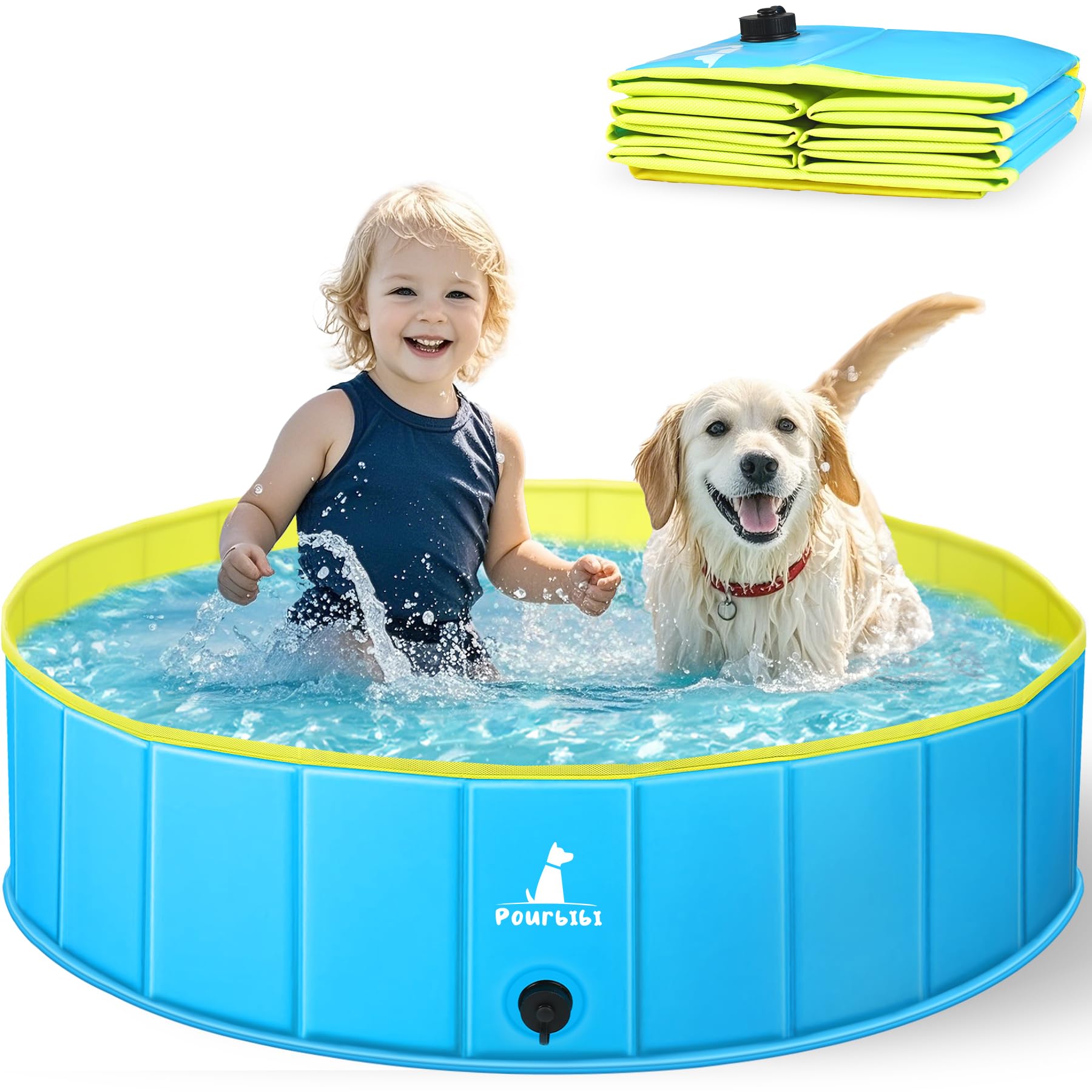 Pourbibi Foldable Dog Pool for Small Dogs - 80x20cm Doggy Paddling Pool, Thickened PVC Bath Pool with Anti-Slip Base Drain, Outdoor Water Toy for Puppies, Kids in Garden Backyard