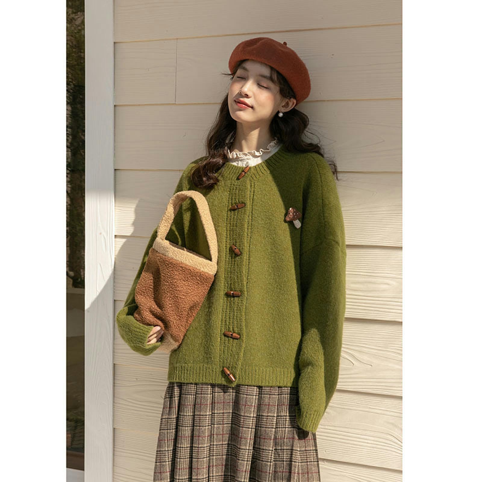 Maglione da Donna Atmosfera Autunno E Inverno Atmosfera Retro Verde Pigro Maglione per Donne-Maglione Verde (Spilla Esclusa)-S 70-90 Sterline