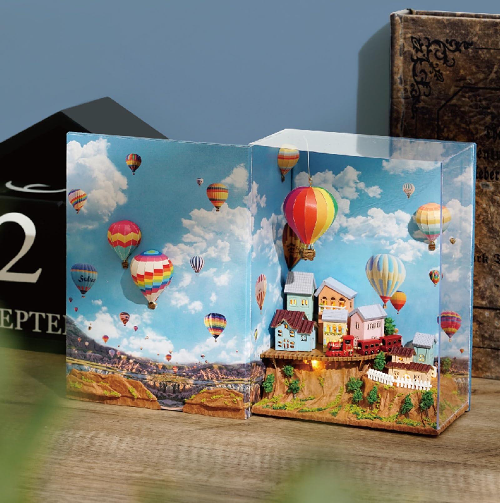Zestaw do samodzielnego wykonania, miniaturowe drewniane puzzle 3D, dekoracja do regału, mini balon na gorące powietrze, zestaw do budowania domku dla lalek, kreatywne rzemiosło ze światłami