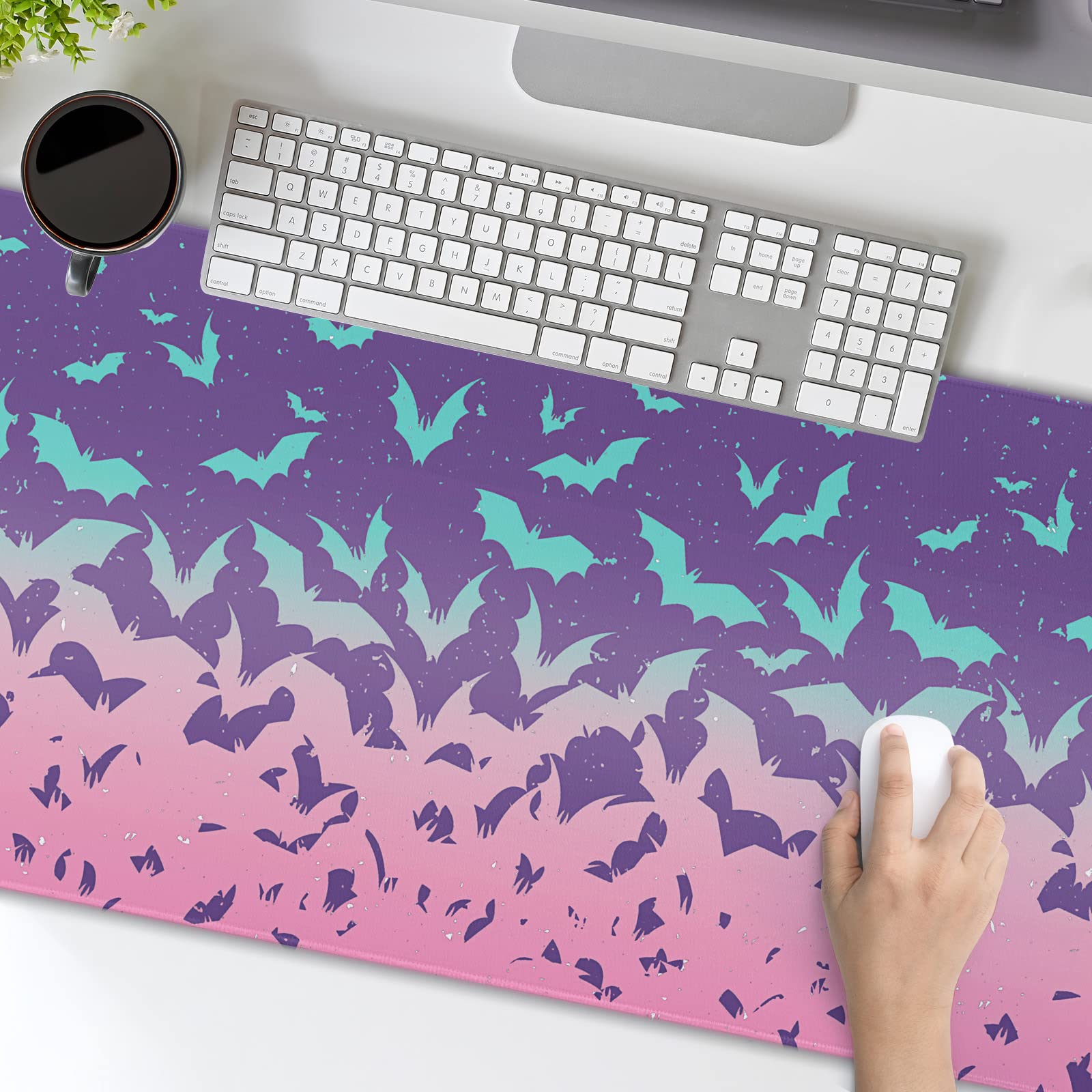 Pink Cute Bats Gaming Mouse Pad XL Halloween Pastel Purple Witchcraft Extended Big Large Desk Mat Non-Slip Rubber Base Stitched Edge Long Keyboard Mousepad for PC Computer Laptop,24x14 in,60x35cm