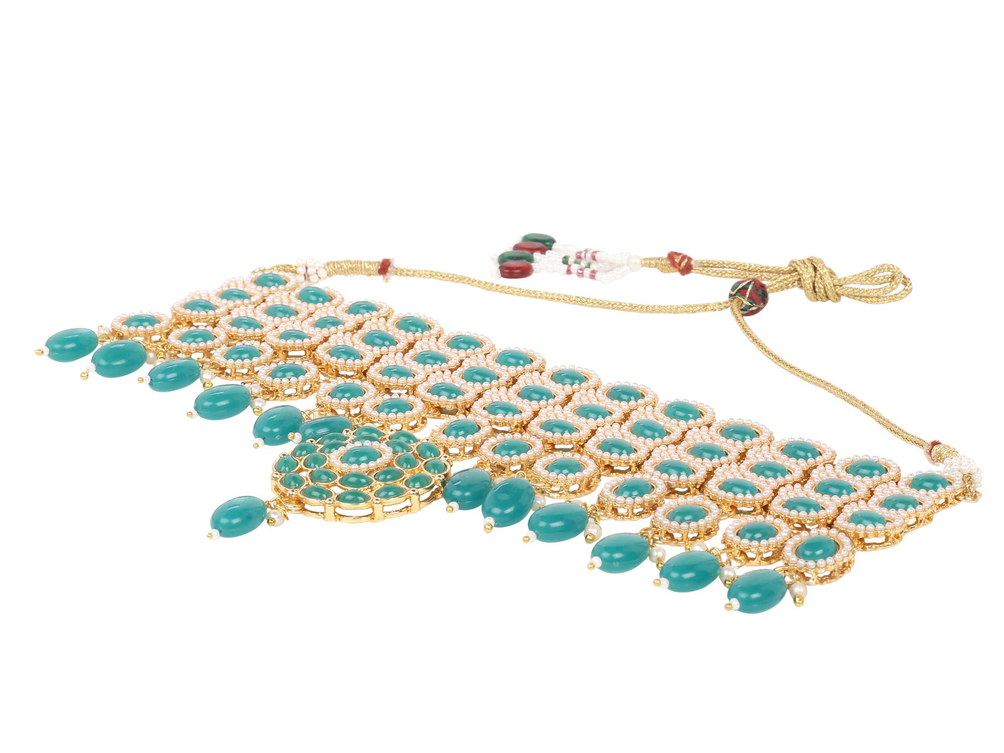 Plated Traditional Emerald Stones Pearl Choker Necklace Set with Drop Earrings
