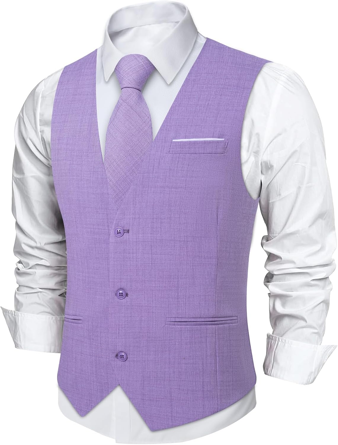 DiBanGu Mens Linen Suit Vest Casual Waistcoat and Necktie & Pre-tied Bowtie Set 6PCS Solid Color Dress Vest for Wedding Party - Image 3