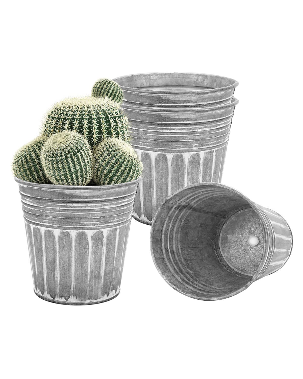 vensovo 8 Inch Silver Metal Rustic Plant Pots - 4Pcs Large Galvanized Flower Pots with Drain Hole and Rubber Plug, Rustproof Metal Bucket Planters Farmhouse Vintage Style for Decor