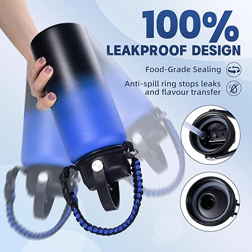 Miniatura 7 de Botella de agua aislada, botellas de agua de boca ancha de acero inoxidable de 32 onzas con 2 tapas a prueba de fugas y mango de paracaídas, botella