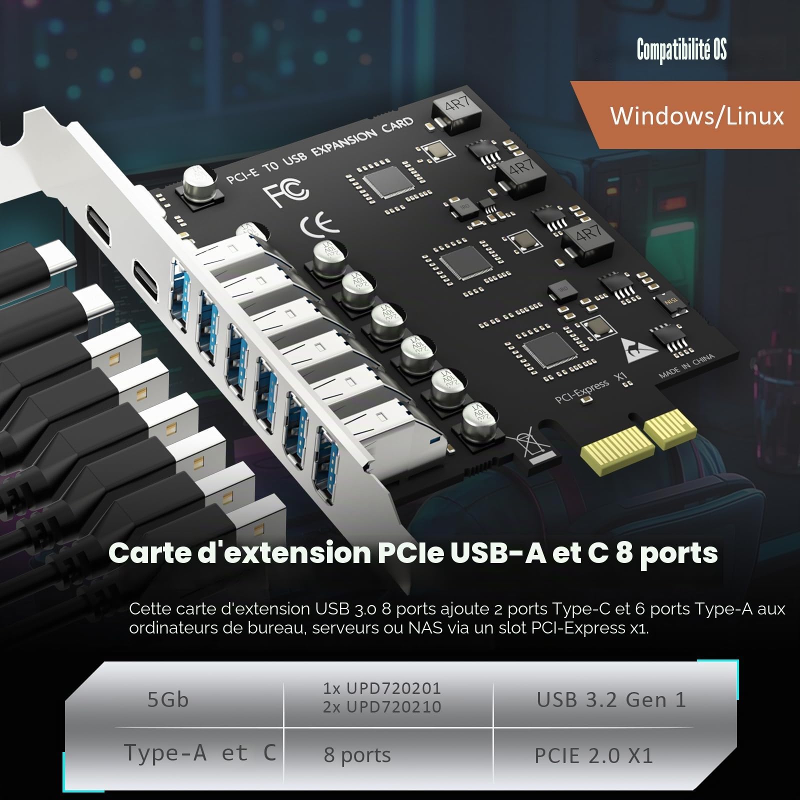 GLOTRENDS U6A2C Carte d’Extension PCIe USB 8 Ports, 2 USB-C et 6 USB-A (USB 3.2 Gen 1), Compatible avec Windows et Linux (ne supporte Pas Mac OS)