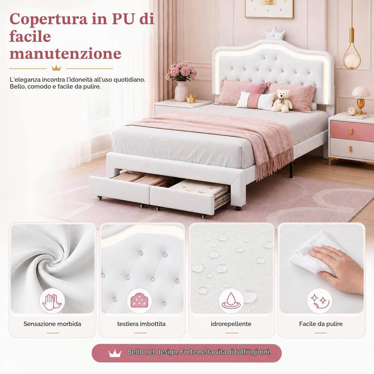 Letto imbottito 140 x 200 cm, letto principesse con illuminazione a LED, Letto matrimoniale con Testiera regolabile a forma di corona, Letto per bambini con rete a doghe e cassetto, senza materasso