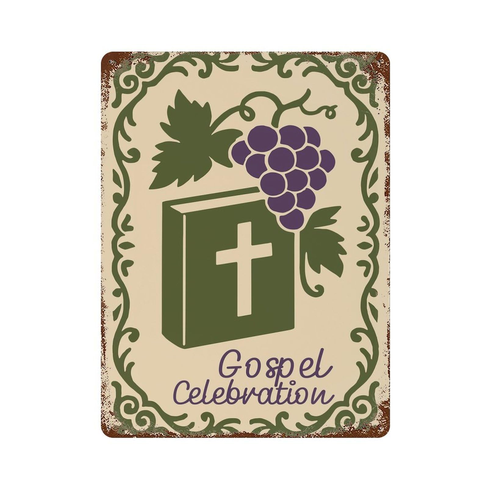 Gospel Celebration Bible And Grapes 15.7"x11.8" Vintage Rust Metal Sign, Decorative Metal Wall Art for Bistro, Counter And Cafe Decor