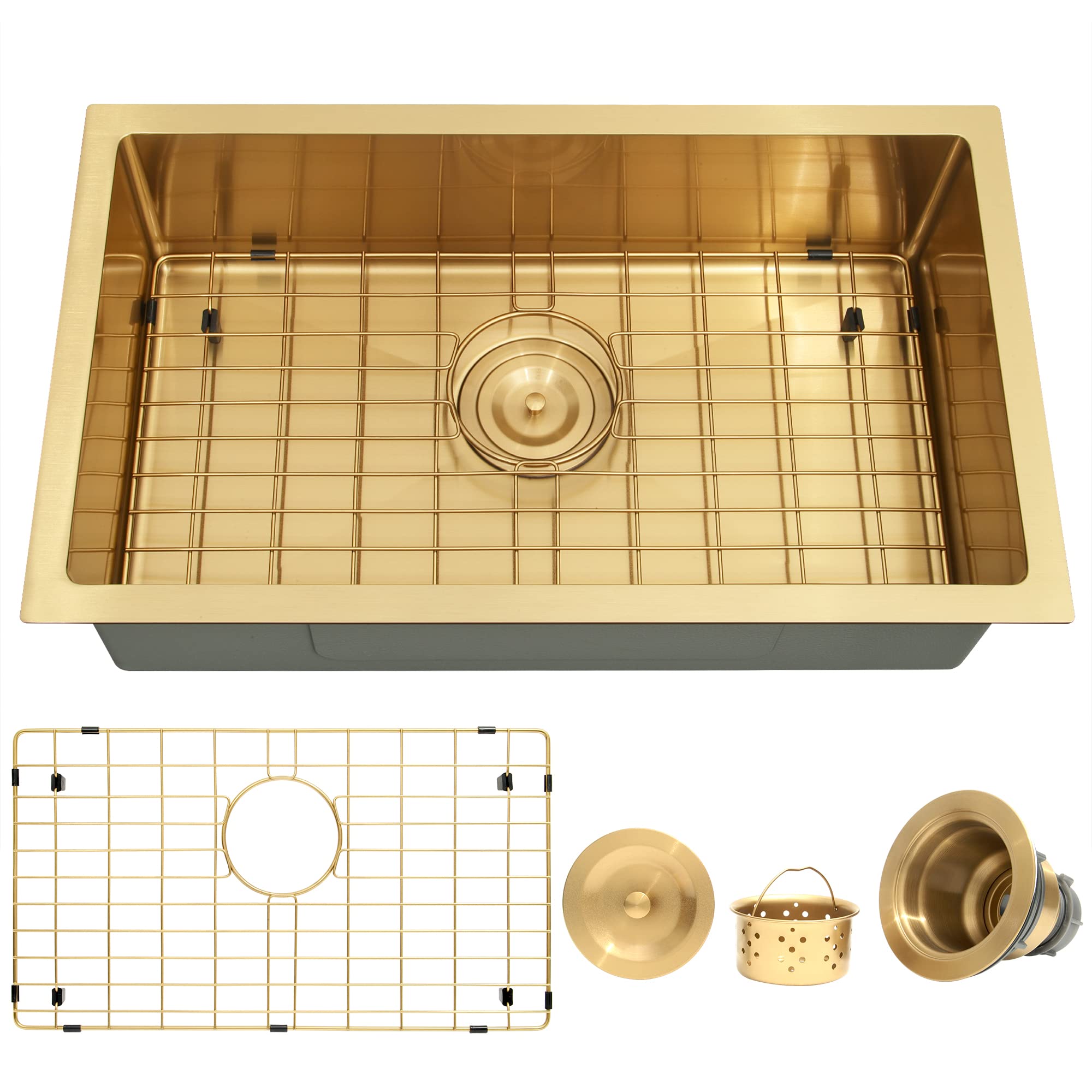 MILOSEN Gold RV Kitchen Sink, Small Single Bowl Outdoor Sinks, 25×15 inch Stainless Steel Undermount RV Sink with Gold Basket Strainer