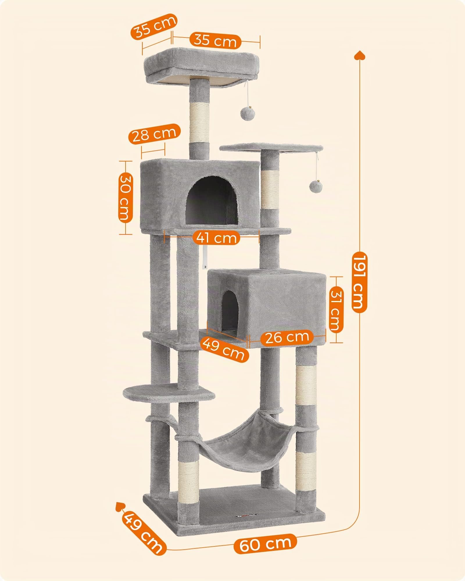 Feandrea Albero per Gatti Alto 191 cm, Tiragraffi per Gatti con 5 Pali Graffiatoi, 2 Posatoi, 2 Grotte, Amaca, 2 Pompon, in Peluche a Più Livelli, Grigio Chiaro PCT191W01