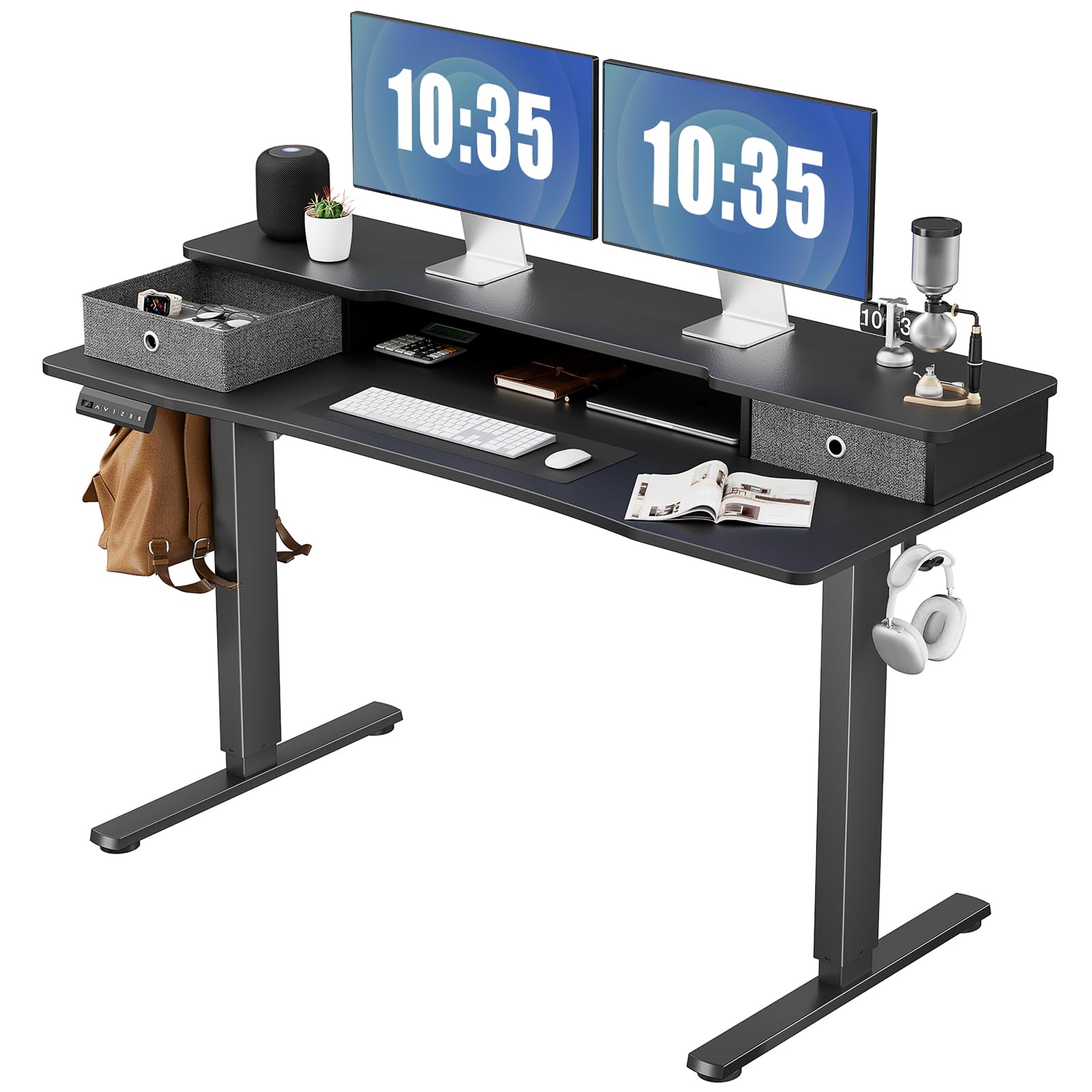 Electric Standing Desk with Double Drawer - 55 x 24 inch Adjustable Height Sit to Stand Up Desk with Storage Shelf, Rising Home Office Computer Table with Splice Board, 2 Hook and Wire Hole for Work