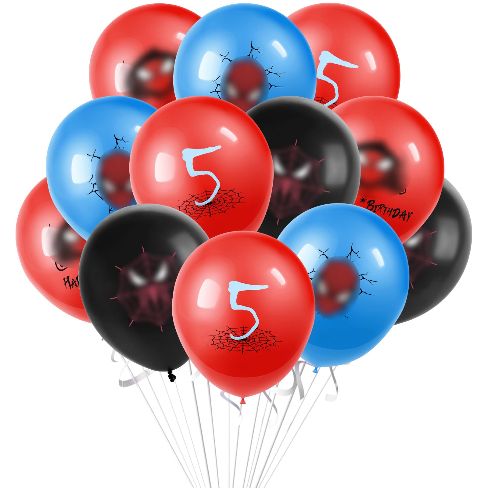 Cartoon Heroes Spider Pattern Birthday Decorations, 5th Balloons, 12-inch Red Black Blue Latex Party Supplies for Kids Boys Theme