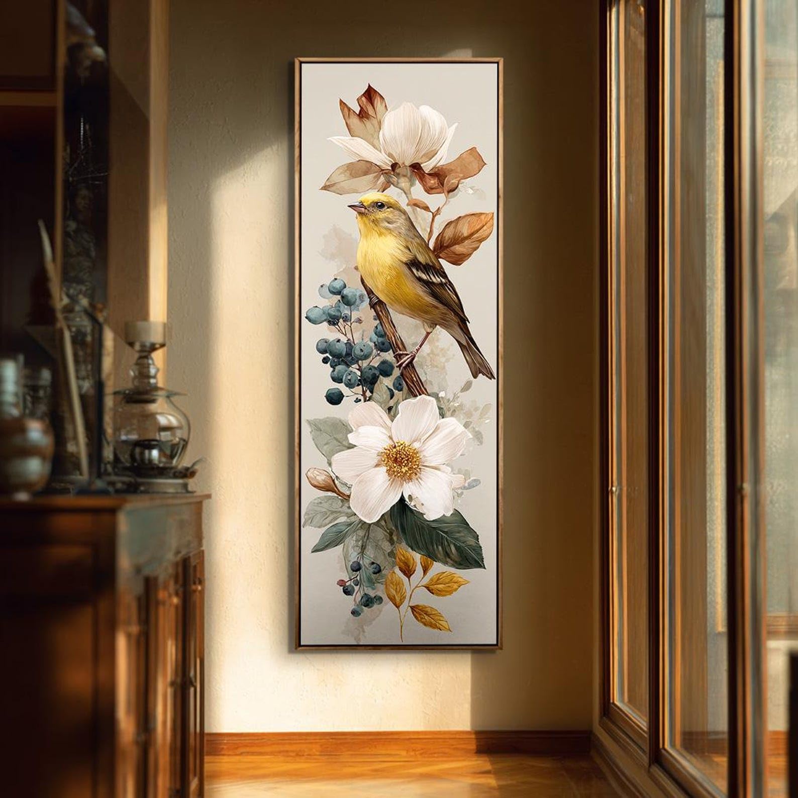 Xinbao Frameless Vertical Large Canvas Painting, Bird Canvas Wall Art, Tall Long Animals Decor, Narrow Nature Scene Canvas，Home Wall Decor(35X105cm/Frameless)
