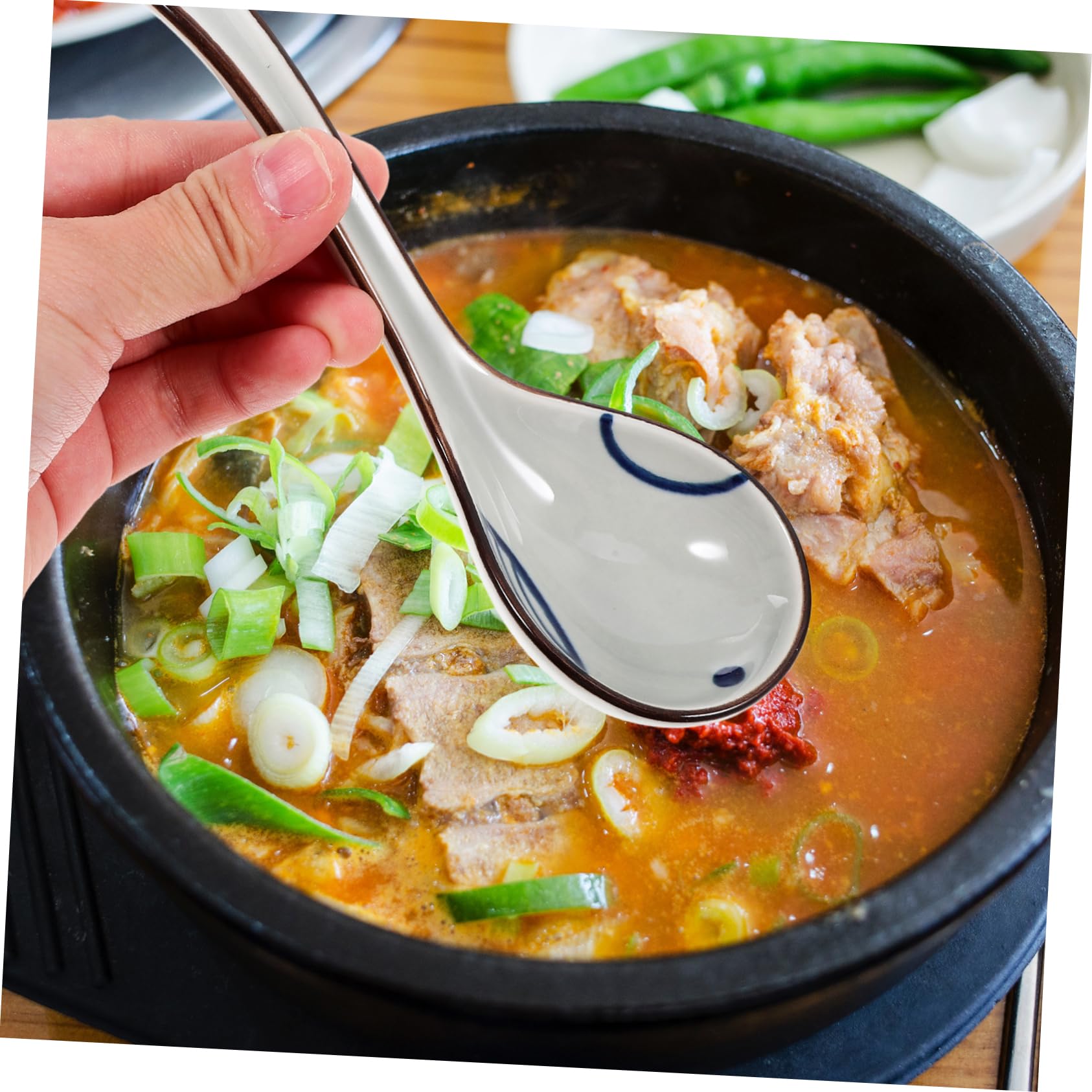 GARVALON 6 Stück Asiatischer Suppenlöffel aus Keramik Japanischer Suppenlöffel mit Langem Griff Leicht zu Reinigen für Suppe und Reis