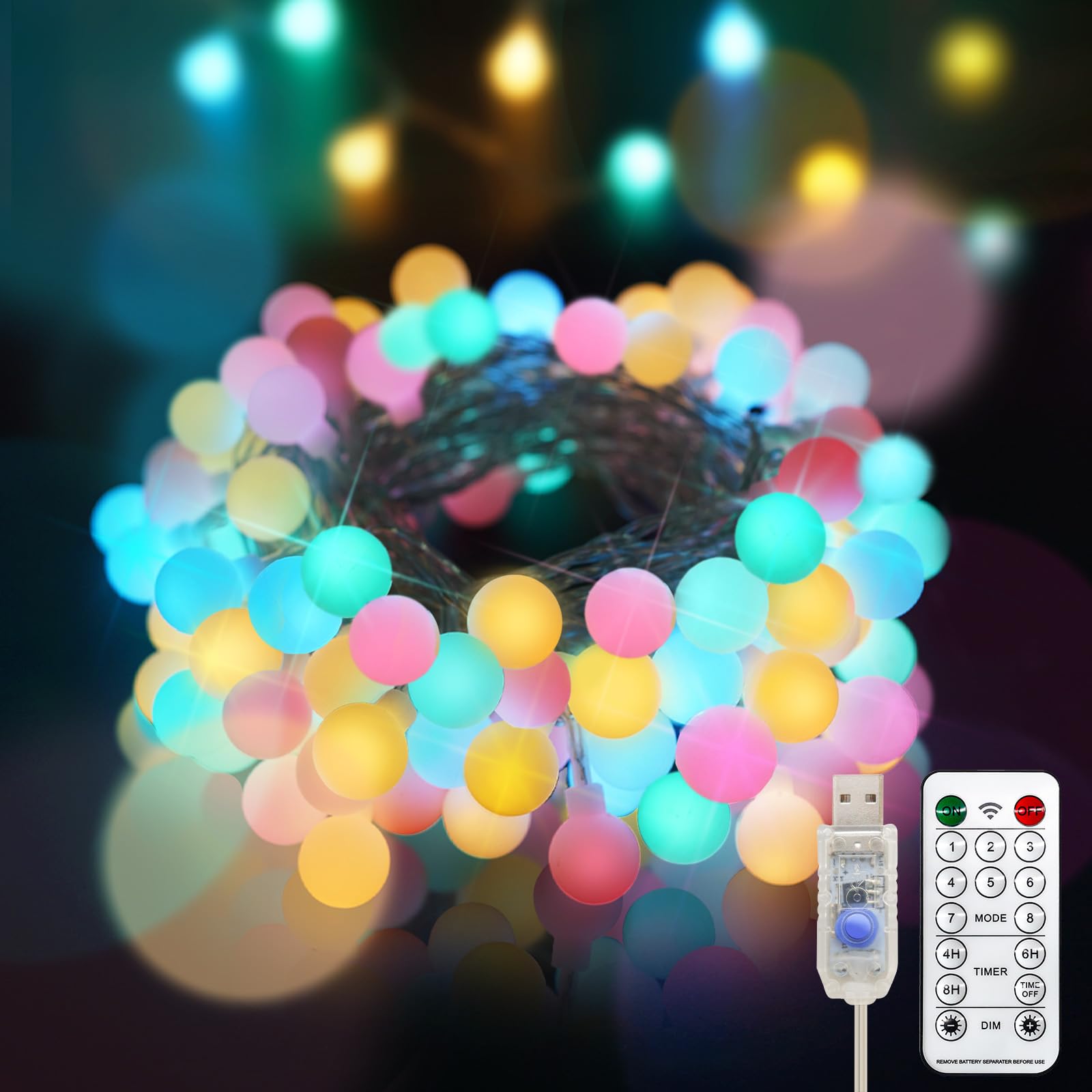 SUDDUS Globe String Lights Outdoor Waterproof, 100 Led Colorful Globe Lights with Remote, USB String Lights for Backyard, Patio, Garden, Party, Bedroom, Classroom, (6 Colorful Bulbs) โ image 1