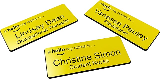 Hello My Name is Yellow Black Name Badge 76 x 32mm (No Dome) Student Nurse Clinical Practitioner Healthcare Assistant Staff GP Doctor Medical Support Worker